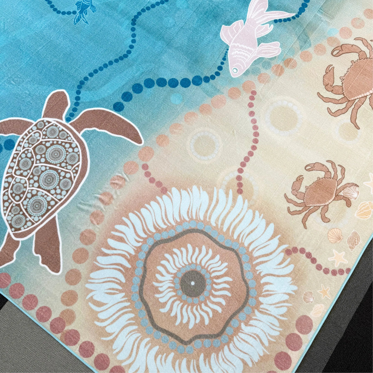 Under the Sea Dreaming rug close-up detail showing Aboriginal art sea creatures and marine life design