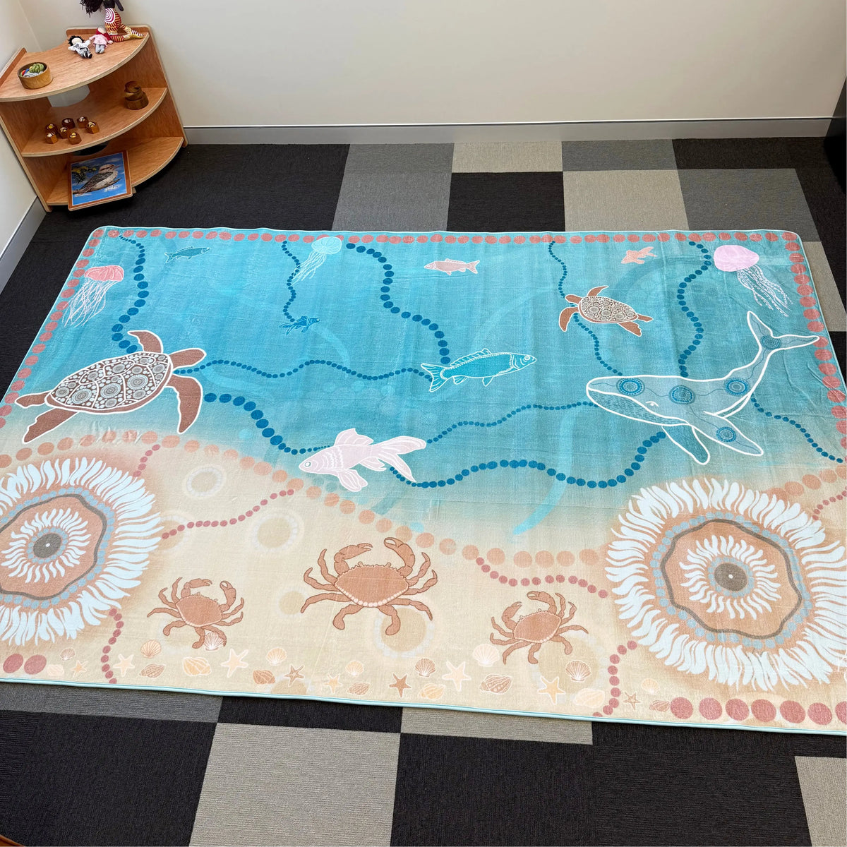 Under the Sea Dreaming Indigenous classroom rug — stunning Aboriginal art marine design 3m x 2m for Australian early childhood classrooms