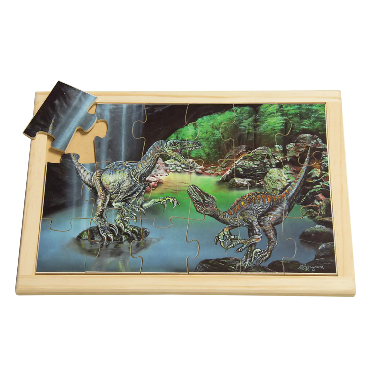 Velociraptors Puzzle — hand-painted wooden jigsaw puzzle — Australian-made early learning resource, ages 3+