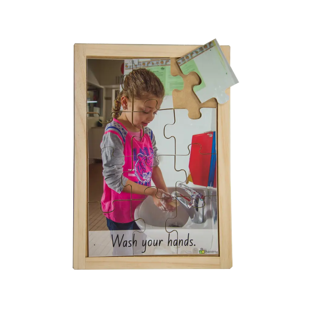 Washing Hands Puzzle — hand-painted wooden jigsaw puzzle — Australian-made hygiene early learning resource