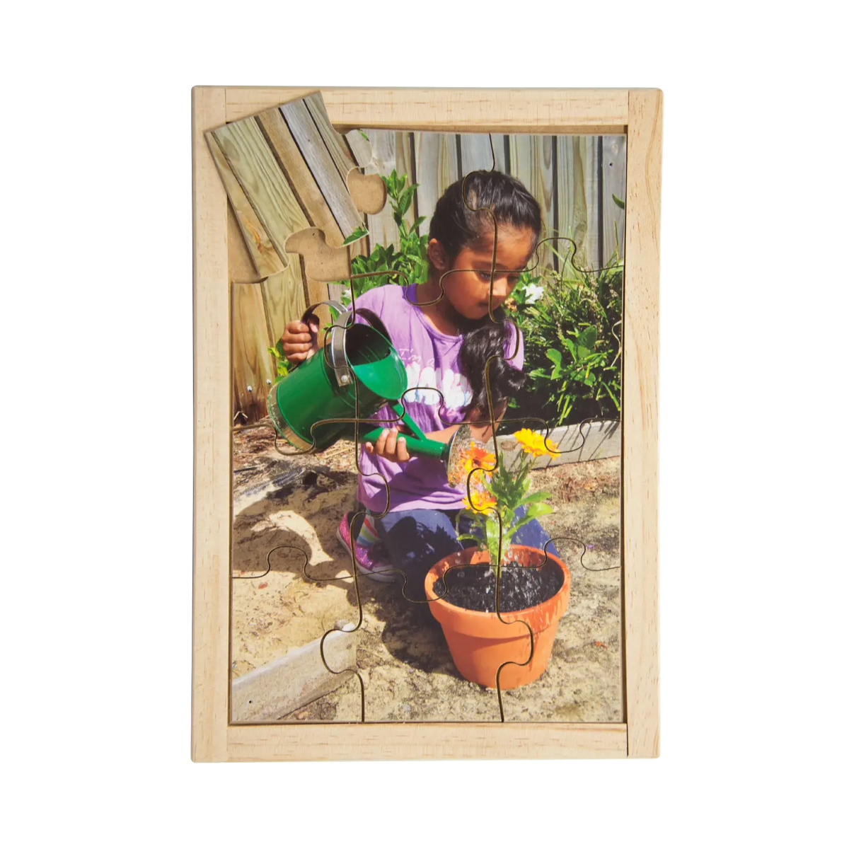 Watering Flower Puzzle — hand-painted wooden jigsaw puzzle — Australian-made sustainability learning resource