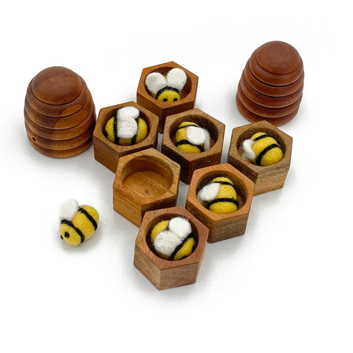Wooden Honeycomb Bee Hive & Felt Bee Set - 16pcs