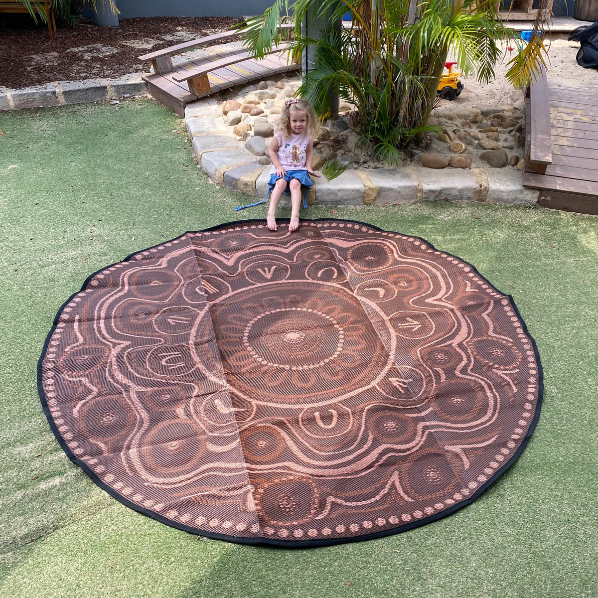 Aboriginal Art Yarning Circle Outdoor Mat — eco-friendly Indigenous art outdoor learning mat made from recycled water bottles for Australian schools