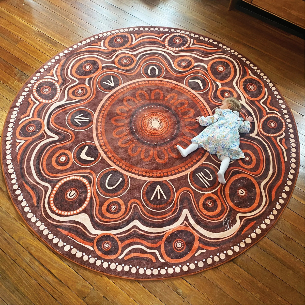 Yarning Circle Indigenous rug close-up of Aboriginal dot art design by Kiz Costelloe — Australia's bestselling Indigenous classroom rug