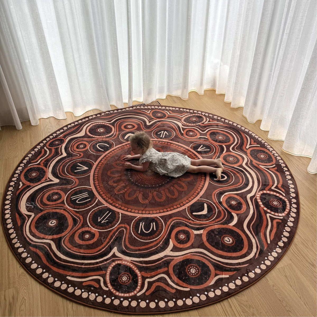 Yarning Circle Indigenous rug Extra Large 3m round — premium soft pile Aboriginal art classroom rug showing full design by Kiz Costelloe