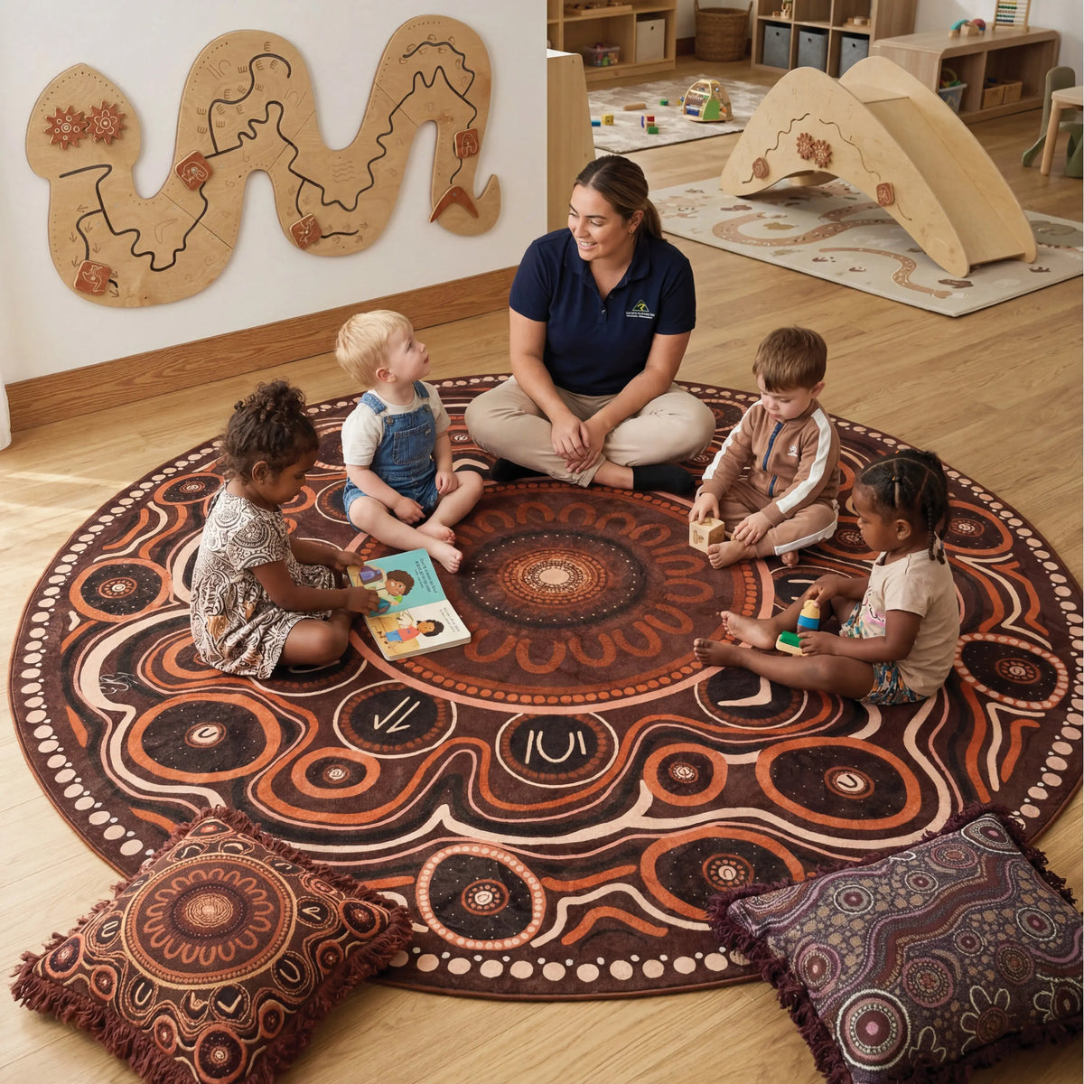 Yarning Circle Indigenous classroom rug with children and teacher — round Aboriginal art rug by Kiz Costelloe for early childhood group time