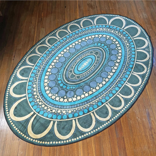 Yarning Oval Indigenous rug detail showing Aboriginal dot art design by Kiz Costelloe — bestselling oval classroom rug for Australian schools