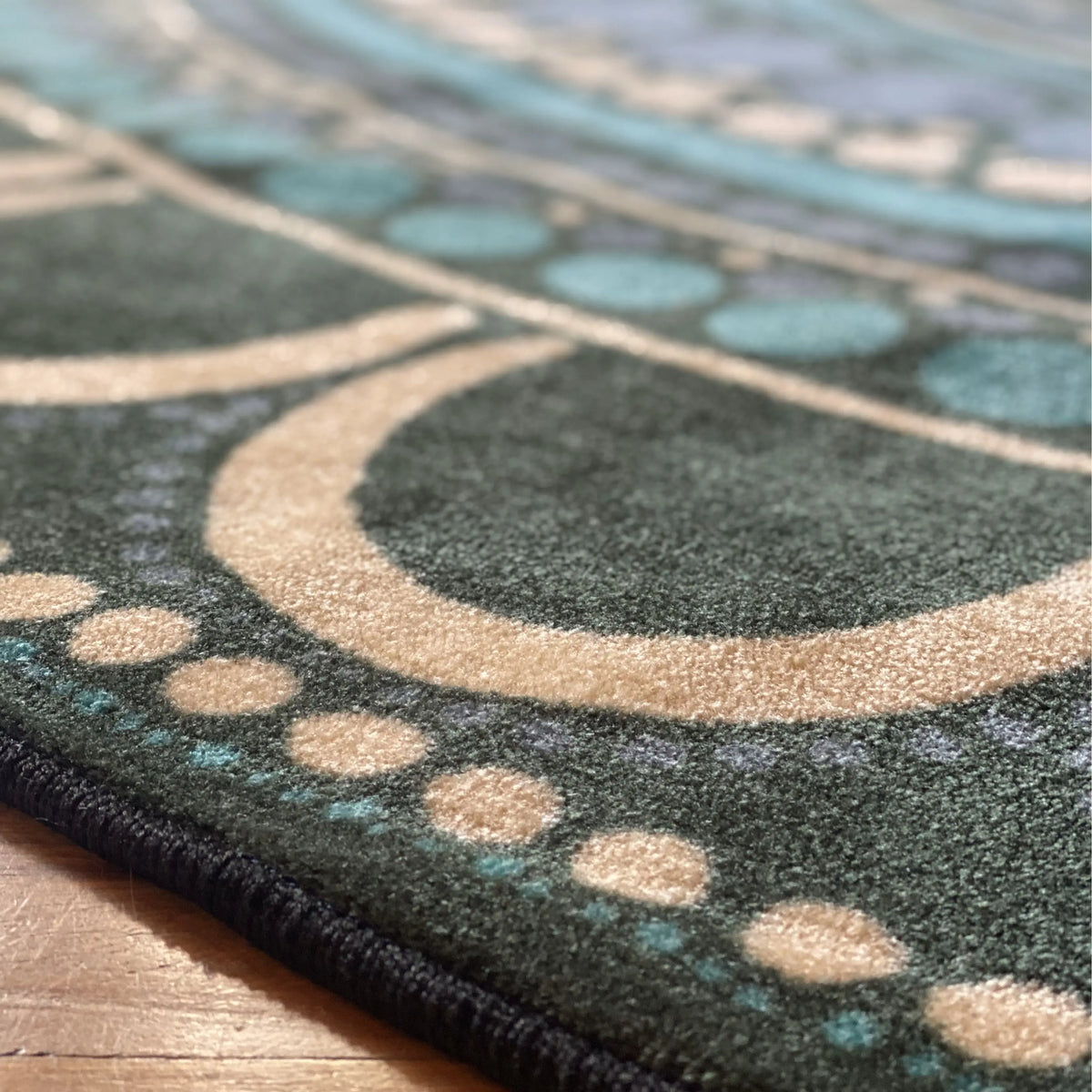 Yarning Oval Indigenous Rug — close-up of dot art design detail
