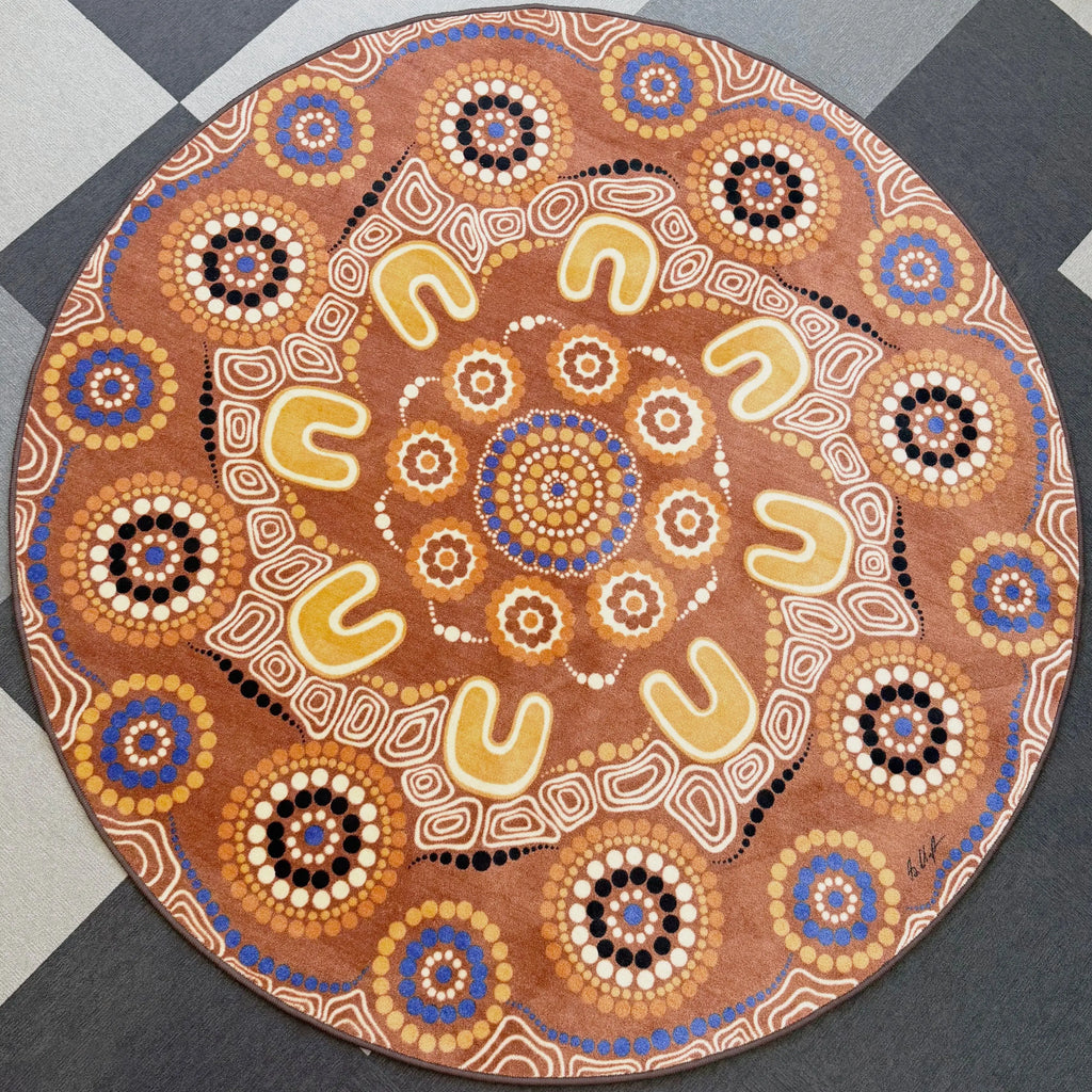 Yarning Camp classroom rug — Aboriginal art rug by Shareen Clayton creating a warm cultural gathering space for Australian early childhood classrooms