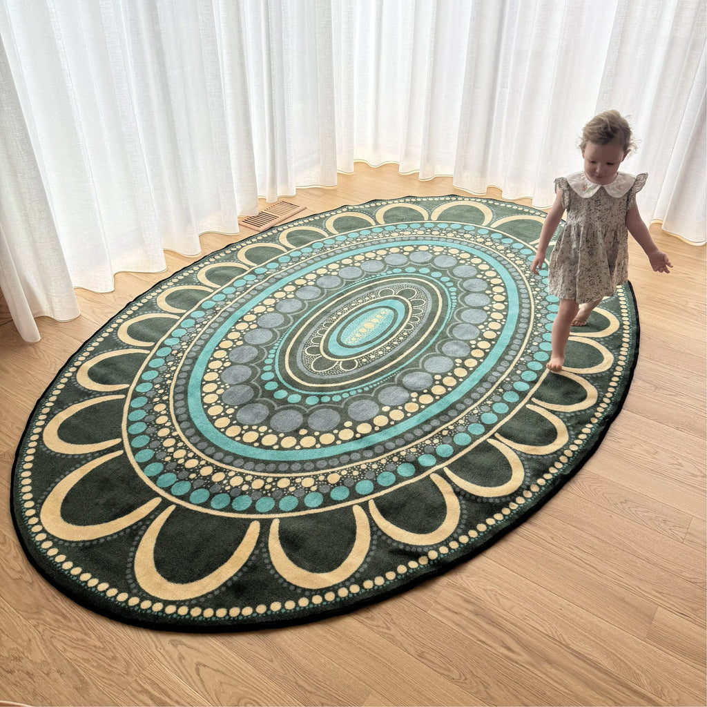 Yarning Oval Indigenous rug full design — premium soft pile oval Aboriginal art classroom rug for Australian early childhood settings