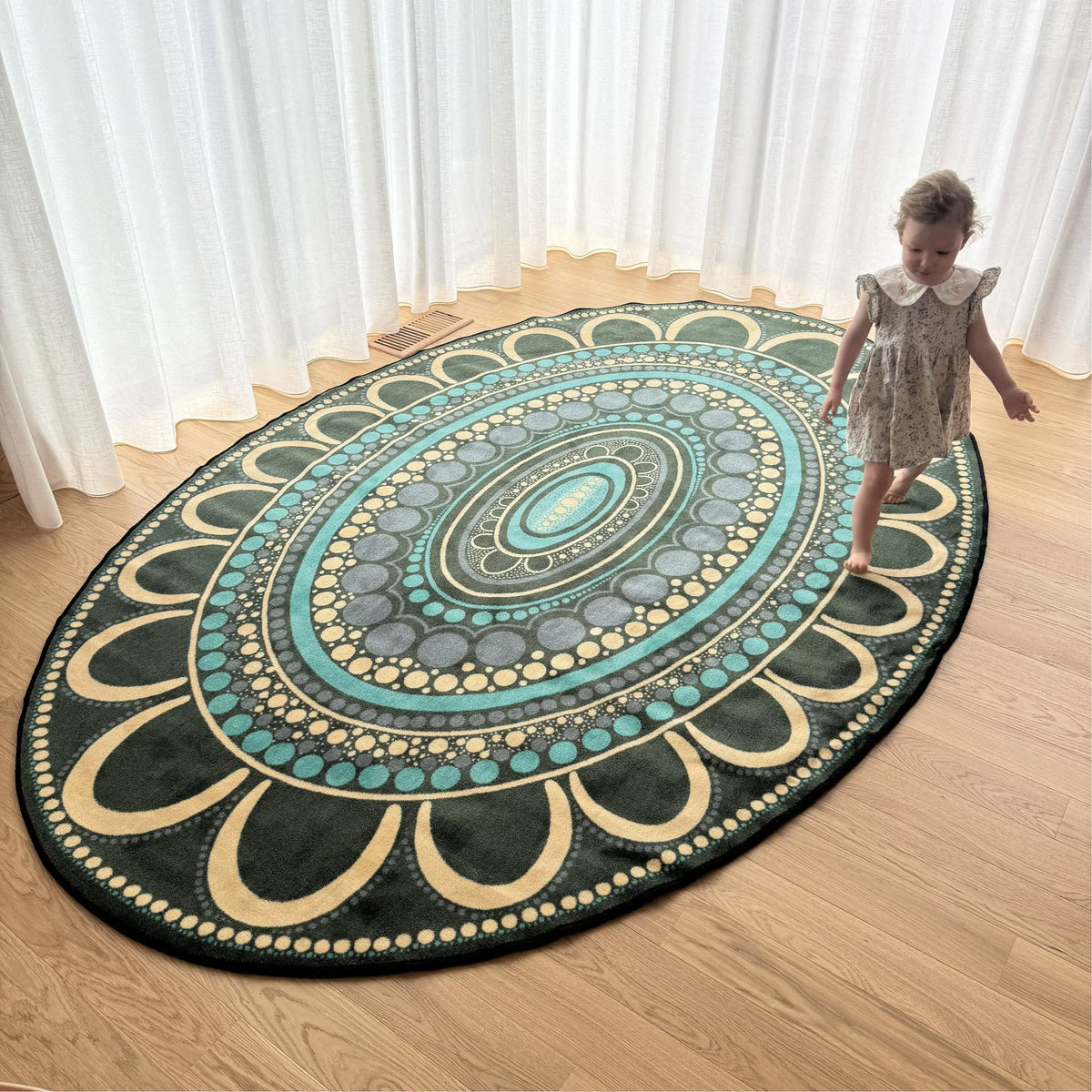Yarning Oval Indigenous rug full design — premium soft pile oval Aboriginal art classroom rug for Australian early childhood settings