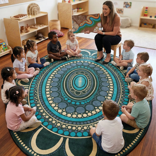 Yarning Oval Indigenous classroom rug with children and teacher — oval Aboriginal art rug by Kiz Costelloe for early childhood group reading