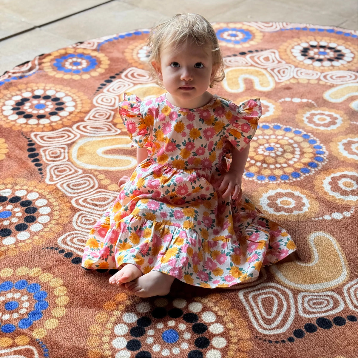 Yarning Camp rug full design view — premium soft pile Indigenous art classroom rug featuring Wiradjuri artist Shareen Clayton's design