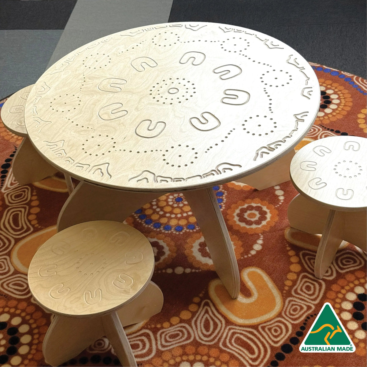 Yarning Circle Table and Stools — Pine timber variant view